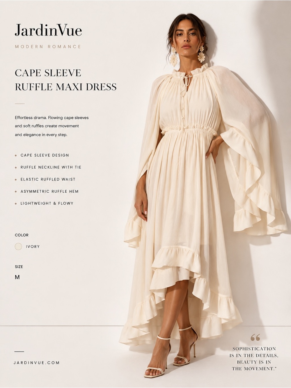 JardinVue Ivory Cape Sleeve Ruffle High Low Maxi Dress